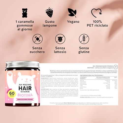 Caramelle Gommose Biotina Ah-mazing Hair – Vitamine per Capelli, Pelle e Unghie – 5000 µg di Biotina (B7), Zinco, Vitamine B6, B9, C, E – 60 Pezzi (2 Mesi), Vegane, Senza Zucchero, Bears with Benefits