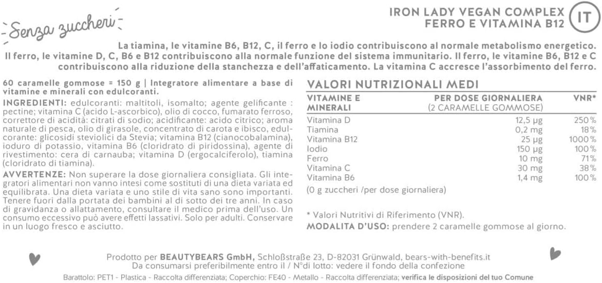 Iron Lady Vegan Complex - Complesso Vegano con Ferro ad Alto Dosaggio, Vitamina B12, B1, B6, C, D3 e Iodio - Gommose vitaminiche - 60 pezzi (1 Mesi) - Senza Zucchero, Vegano - Bears with Benefits