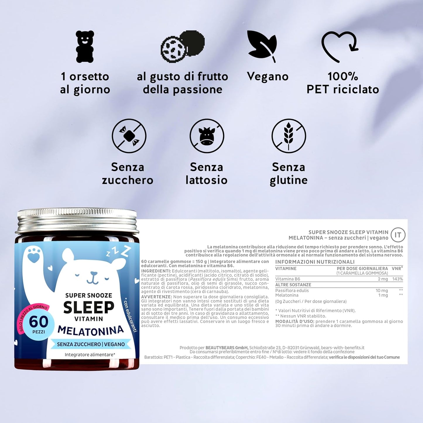 Super Snooze Sleep Vitamin - Sonno naturale - Melatonina 1mg con Vitamina B6-60 Pezzi (2 Mesi) - Senza Zucchero, Vegano - Bears with Benefits