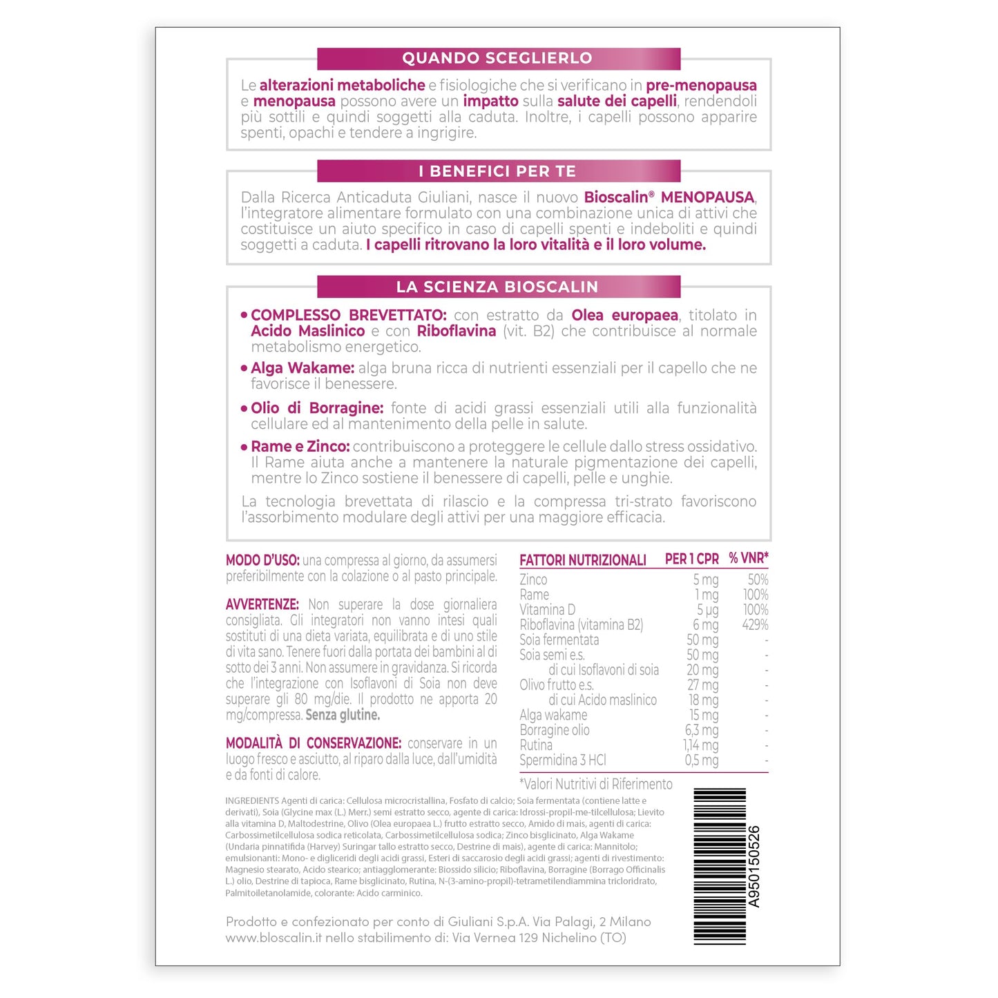 Bioscalin Menopause Food Supplement for Voluminous Hair, Promotes Hair Strength, Use 1 Month for Women, Gluten Free, 30 Tablets