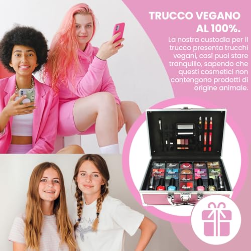 LOVE URBAN BEAUTY Vegano Beauty Case Rosa Caldo - Kit Trucco 82 pezzi per Ragazze e Donne con Ombretti, Fard, Rossetti e Prodotti per le Unghie - Divertente Valigetta da Trucco da Viaggio