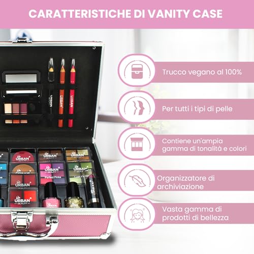 LOVE URBAN BEAUTY Vegano Beauty Case Rosa Caldo - Kit Trucco 82 pezzi per Ragazze e Donne con Ombretti, Fard, Rossetti e Prodotti per le Unghie - Divertente Valigetta da Trucco da Viaggio