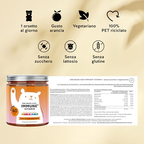 One Bear A Day Vitamin Immun - With Vitamin D, E, C, Vitamin B6, B12, Niacin, Biotin, Propolis Extract - 30 Pieces (1 Month) - Vegetarian, Sugar Free - Bears with Benefits