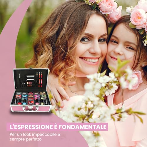 LOVE URBAN BEAUTY Vegano Beauty Case Rosa Caldo - Kit Trucco 82 pezzi per Ragazze e Donne con Ombretti, Fard, Rossetti e Prodotti per le Unghie - Divertente Valigetta da Trucco da Viaggio