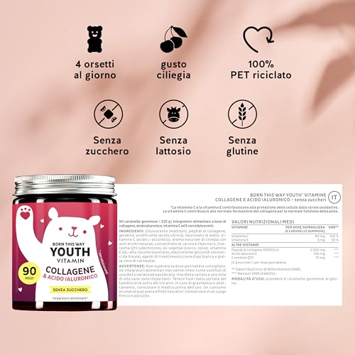 Gummies al Collagene & Acido Ialuronico Born This Way Youth Vitamins – Antiossidanti Bellezza – Collagene, Acido Ialuronico, Vitamina C, E, CoQ10 – 90 pezzi, Senza Zucchero, Bears with Benefits