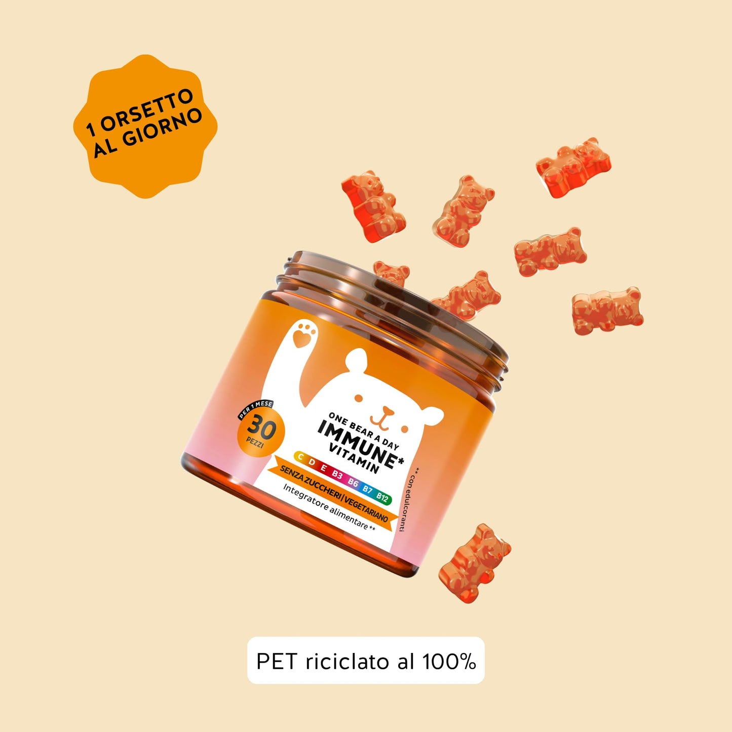 One Bear A Day Vitamin Immun - With Vitamin D, E, C, Vitamin B6, B12, Niacin, Biotin, Propolis Extract - 30 Pieces (1 Month) - Vegetarian, Sugar Free - Bears with Benefits