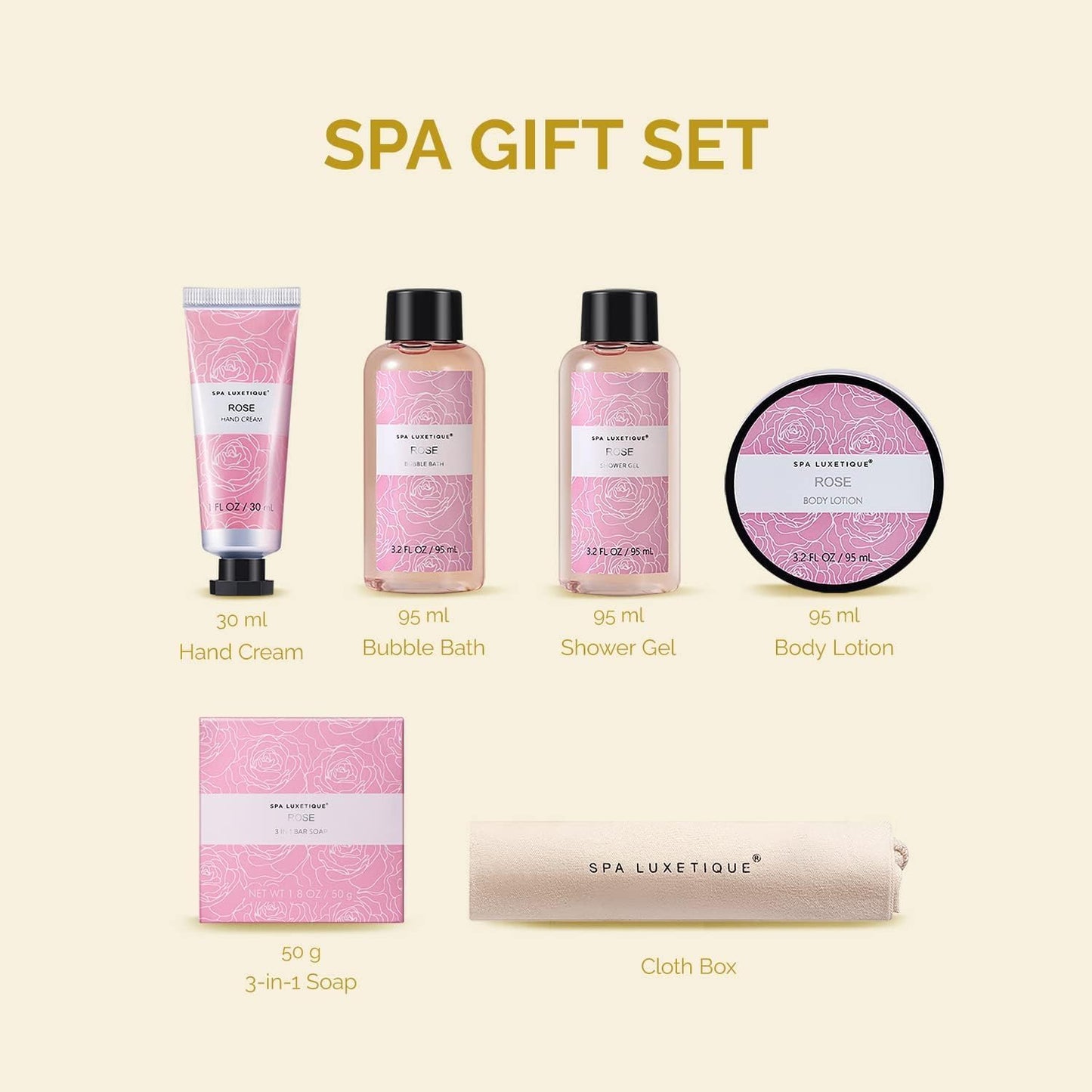 SPA LUXETIQUE Set da Bagno Regalo Donne – Set per la Cura Della Vaniglia con 6 Pezzi in Gel Doccia di Dimensioni da Viaggio, Crema per le Mani, Borsa di Lino con Coulisse, Regalo Festa della Mamma