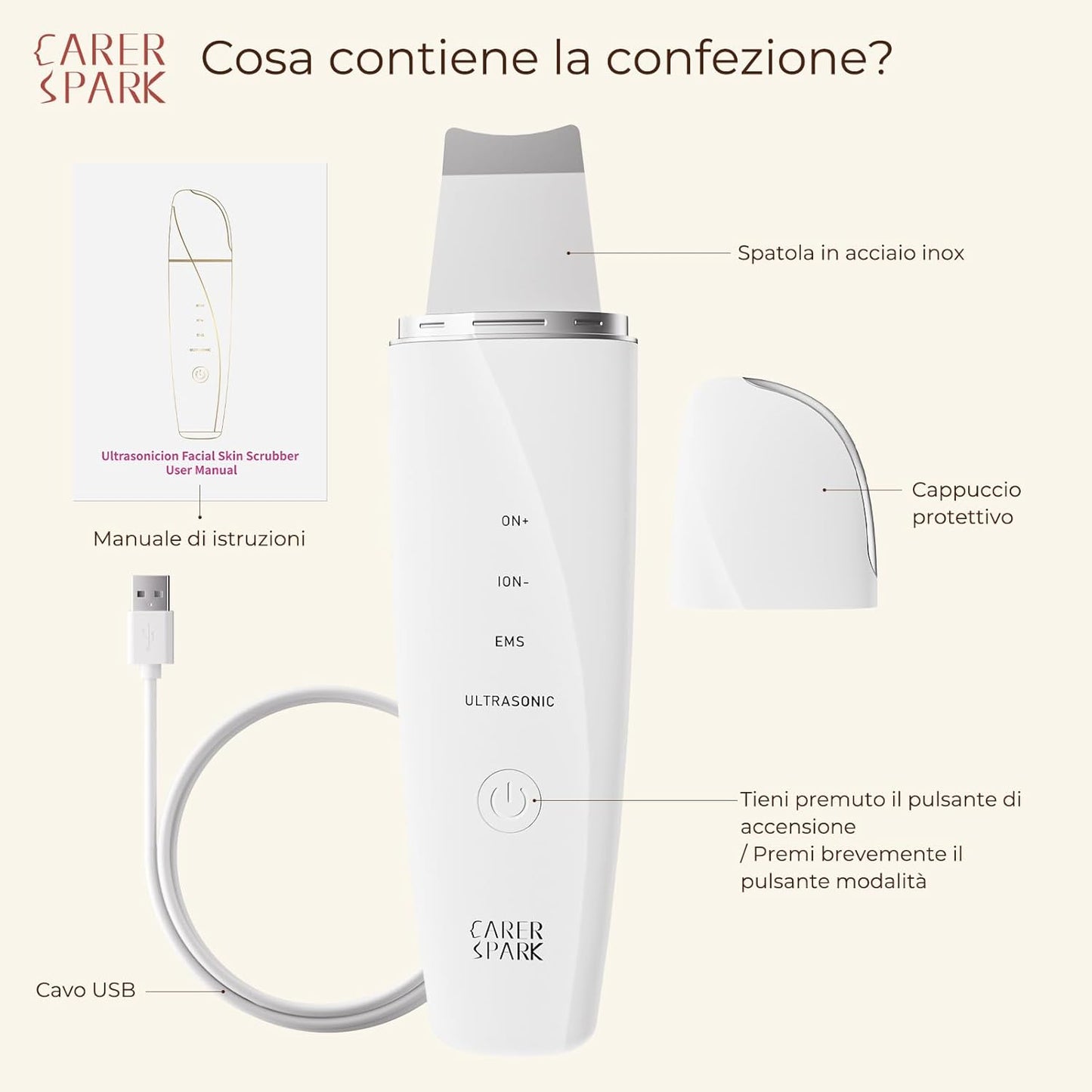 CARER SPARK Peeling Ultrasonico Facial – Spatola Viso a Ultrasuoni EMS Ioni Luce Rossa e Blu 4 Modalità per Pulizia Profonda Rimozione Comedoni Esfoliazione Delicata