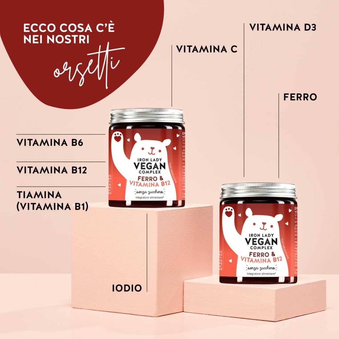 Iron Lady Vegan Complex - Complesso Vegano con Ferro ad Alto Dosaggio, Vitamina B12, B1, B6, C, D3 e Iodio - Gommose vitaminiche - 60 pezzi (1 Mesi) - Senza Zucchero, Vegano - Bears with Benefits