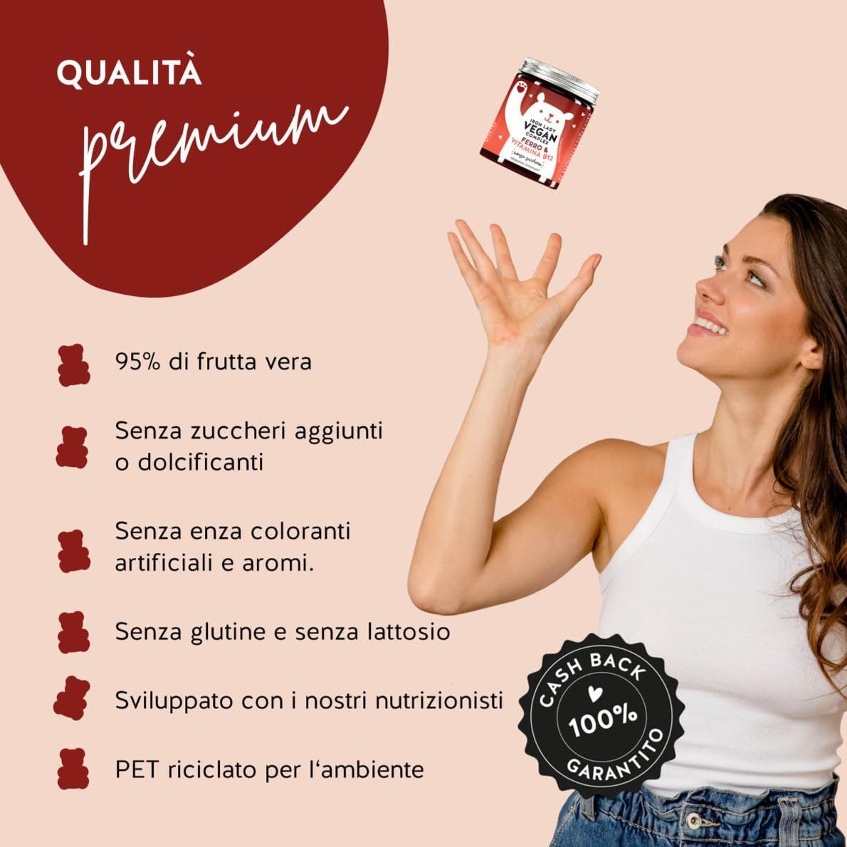 Iron Lady Vegan Complex - Complesso Vegano con Ferro ad Alto Dosaggio, Vitamina B12, B1, B6, C, D3 e Iodio - Gommose vitaminiche - 60 pezzi (1 Mesi) - Senza Zucchero, Vegano - Bears with Benefits