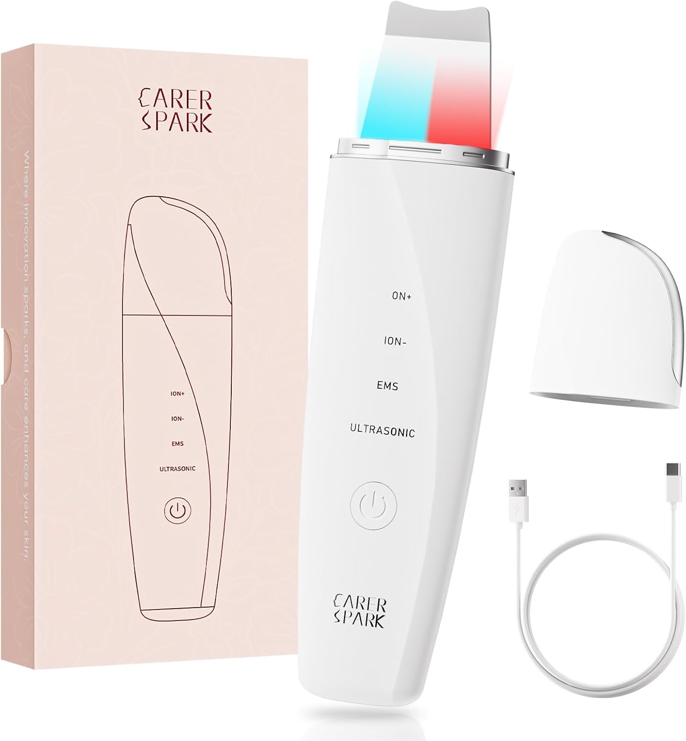 CARER SPARK Peeling Ultrasonico Facial – Spatola Viso a Ultrasuoni EMS Ioni Luce Rossa e Blu 4 Modalità per Pulizia Profonda Rimozione Comedoni Esfoliazione Delicata