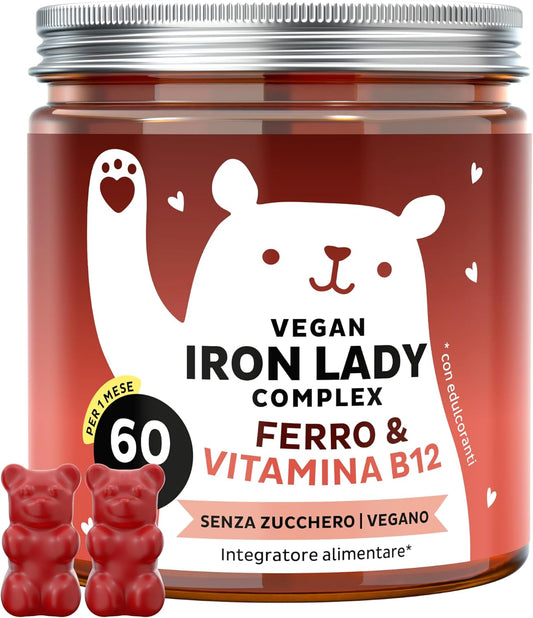 Iron Lady Vegan Complex - Complesso Vegano con Ferro ad Alto Dosaggio, Vitamina B12, B1, B6, C, D3 e Iodio - Gommose vitaminiche - 60 pezzi (1 Mesi) - Senza Zucchero, Vegano - Bears with Benefits