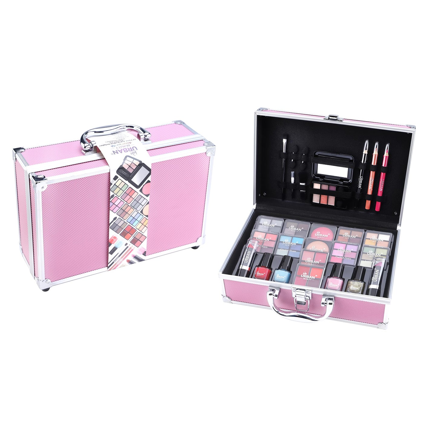 LOVE URBAN BEAUTY Vegano Beauty Case Rosa Caldo - Kit Trucco 82 pezzi per Ragazze e Donne con Ombretti, Fard, Rossetti e Prodotti per le Unghie - Divertente Valigetta da Trucco da Viaggio