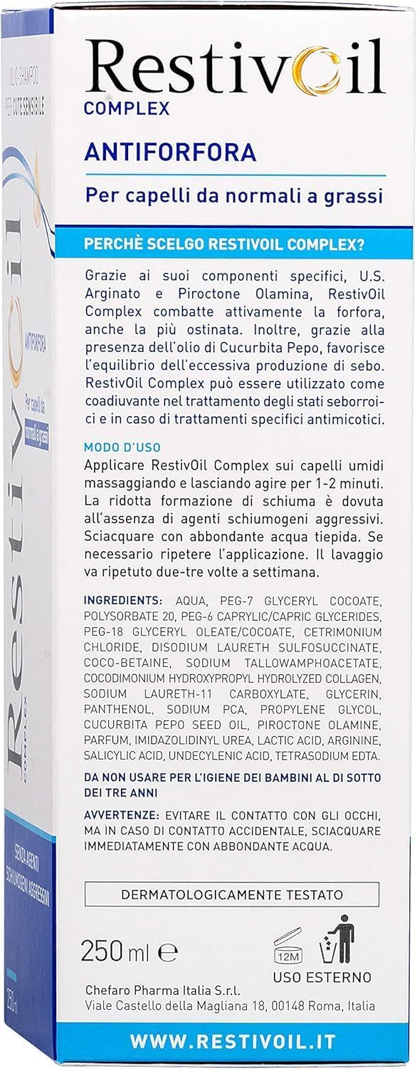 RestivOil Complex Olio Shampoo Delicato Antiforfora per Capelli da Normali a Grassi con Azione Antiseborroica e Anti Prurito, Shampoo Senza Schiuma, 250 ml