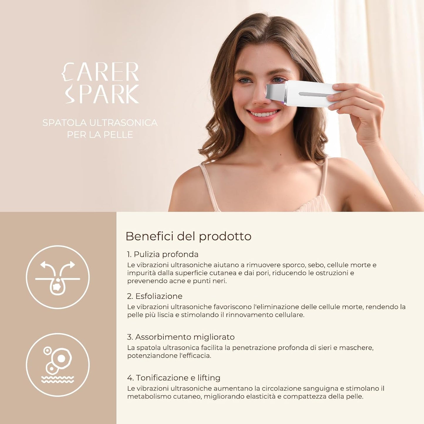 CARER SPARK Peeling Ultrasonico Facial – Spatola Viso a Ultrasuoni EMS Ioni Luce Rossa e Blu 4 Modalità per Pulizia Profonda Rimozione Comedoni Esfoliazione Delicata