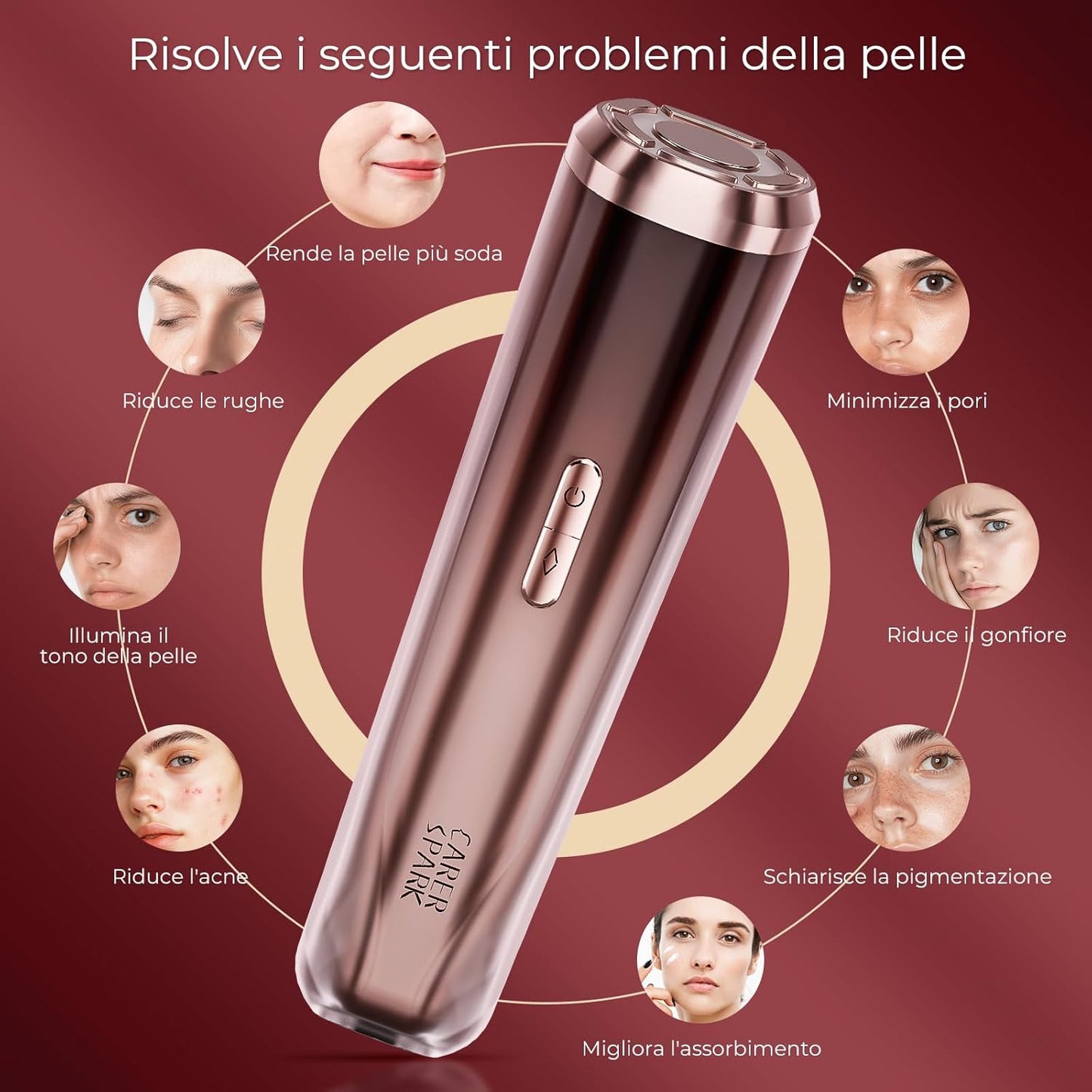 CARER SPARK Dispositivo Radiofrequenza Viso 3MHz, Massaggiatore Facciale Anti-Età con Ultrasuoni EMS Fototerapia Riduzione Rughe e Linee Sottili Cura del Viso Elettrica Multifunzionale