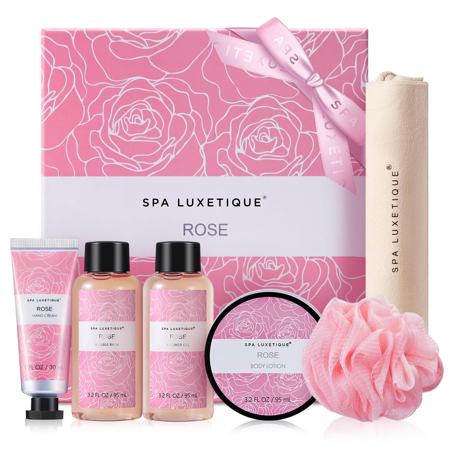 SPA LUXETIQUE Set da Bagno Regalo Donne – Set per la Cura Della Vaniglia con 6 Pezzi in Gel Doccia di Dimensioni da Viaggio, Crema per le Mani, Borsa di Lino con Coulisse, Regalo Festa della Mamma
