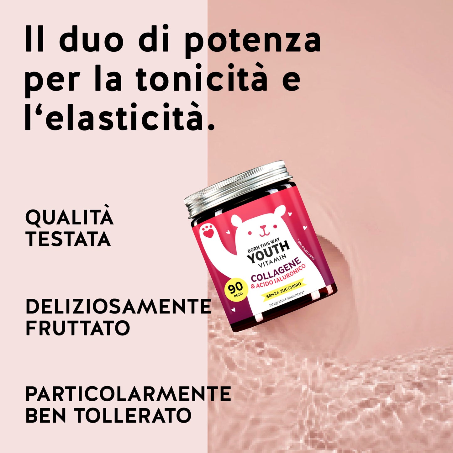 Gummies al Collagene & Acido Ialuronico Born This Way Youth Vitamins – Antiossidanti Bellezza – Collagene, Acido Ialuronico, Vitamina C, E, CoQ10 – 90 pezzi, Senza Zucchero, Bears with Benefits