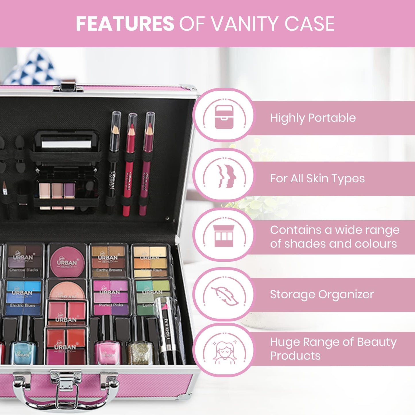 LOVE URBAN BEAUTY Vegano Beauty Case Rosa Caldo - Kit Trucco 82 pezzi per Ragazze e Donne con Ombretti, Fard, Rossetti e Prodotti per le Unghie - Divertente Valigetta da Trucco da Viaggio