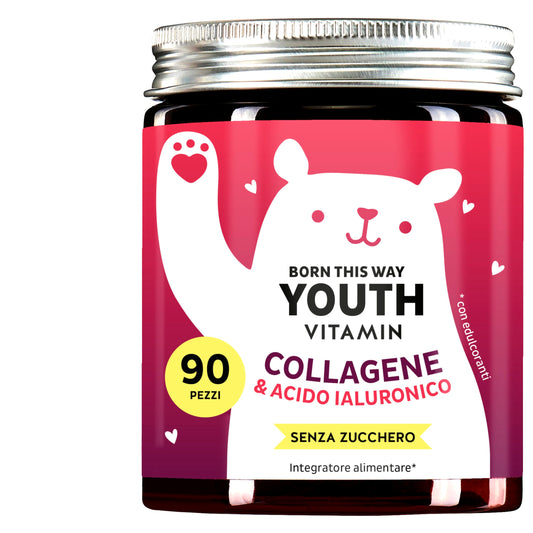 Gummies al Collagene & Acido Ialuronico Born This Way Youth Vitamins – Antiossidanti Bellezza – Collagene, Acido Ialuronico, Vitamina C, E, CoQ10 – 90 pezzi, Senza Zucchero, Bears with Benefits