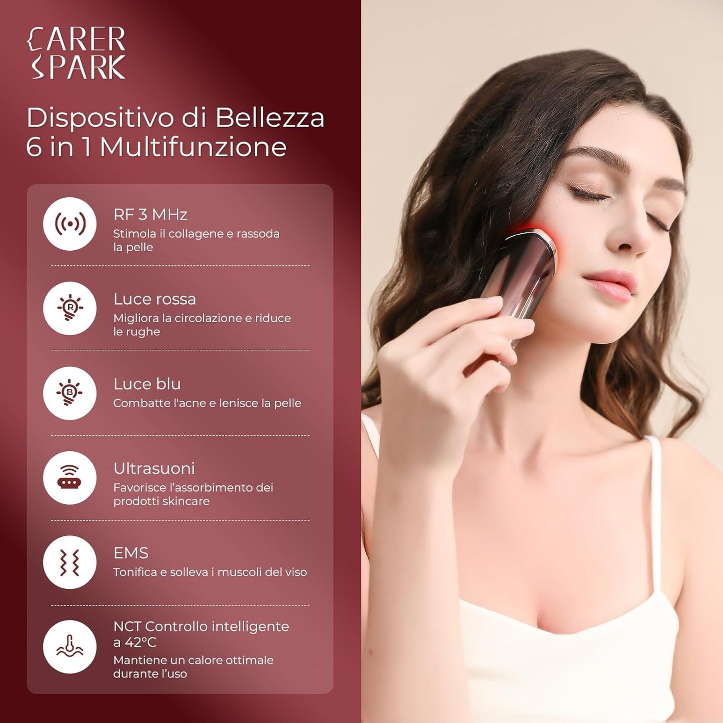 CARER SPARK Dispositivo Radiofrequenza Viso 3MHz, Massaggiatore Facciale Anti-Età con Ultrasuoni EMS Fototerapia Riduzione Rughe e Linee Sottili Cura del Viso Elettrica Multifunzionale