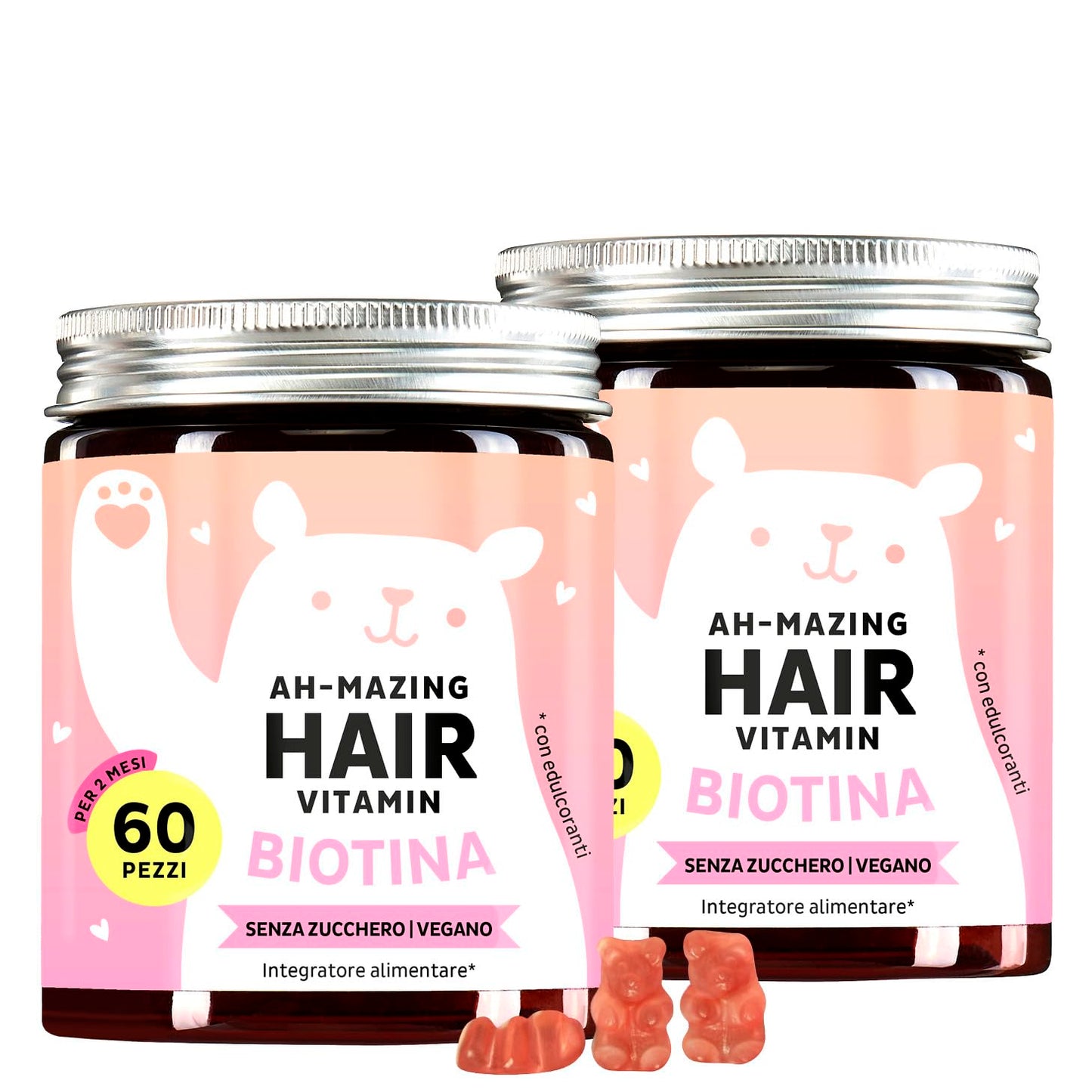 Caramelle Gommose Biotina Ah-mazing Hair – Vitamine per Capelli, Pelle e Unghie – 5000 µg di Biotina (B7), Zinco, Vitamine B6, B9, C, E – 60 Pezzi (2 Mesi), Vegane, Senza Zucchero, Bears with Benefits