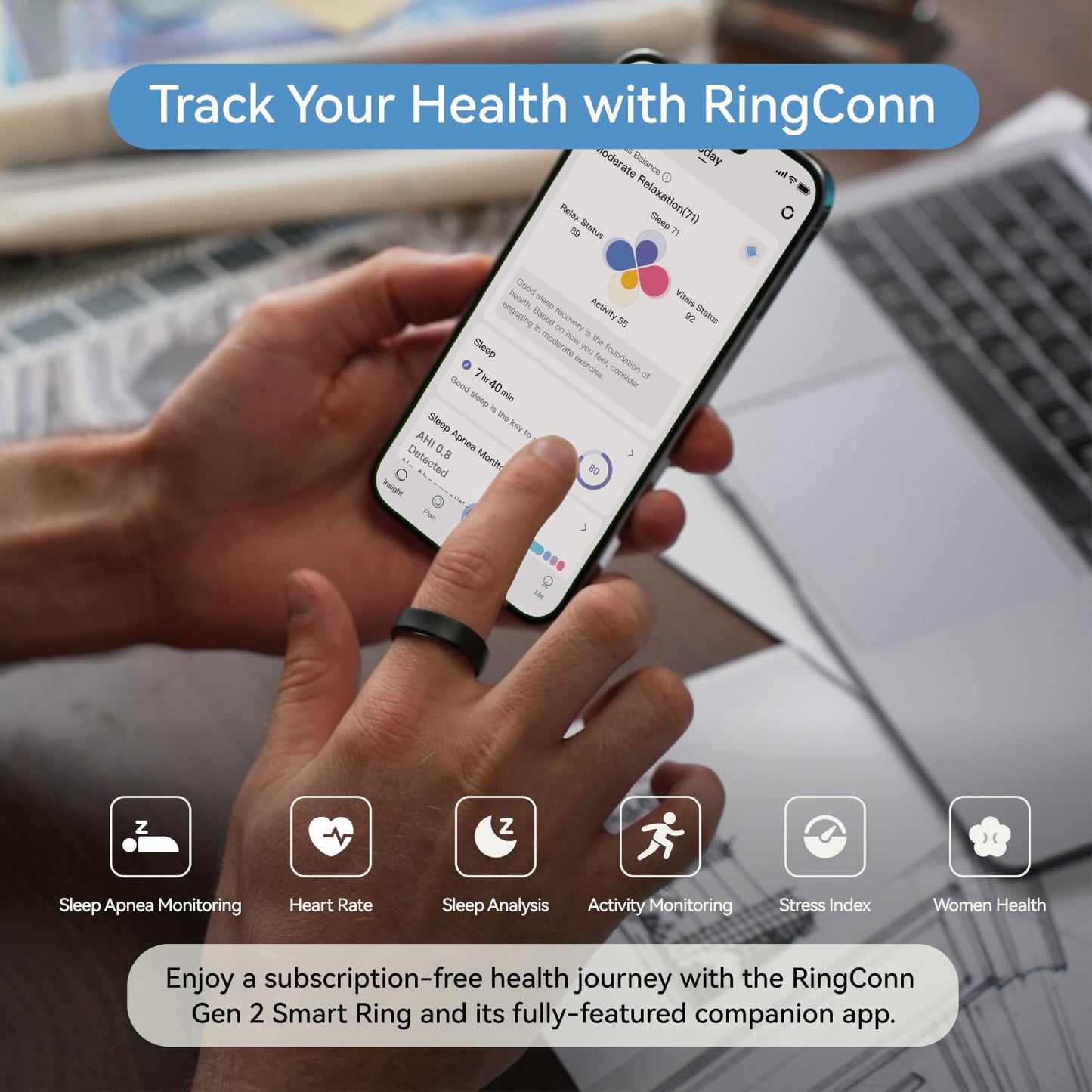 RingConn Gen 2 Smart Ring, Primo Al Mondo con Monitoraggio OSA, Nessun Abbonamento All'App, 12 Giorni di Batteria, Tracker di Stress/Frequenza Cardiaca/Salute Femminile, Compatibile Con Android e iOS