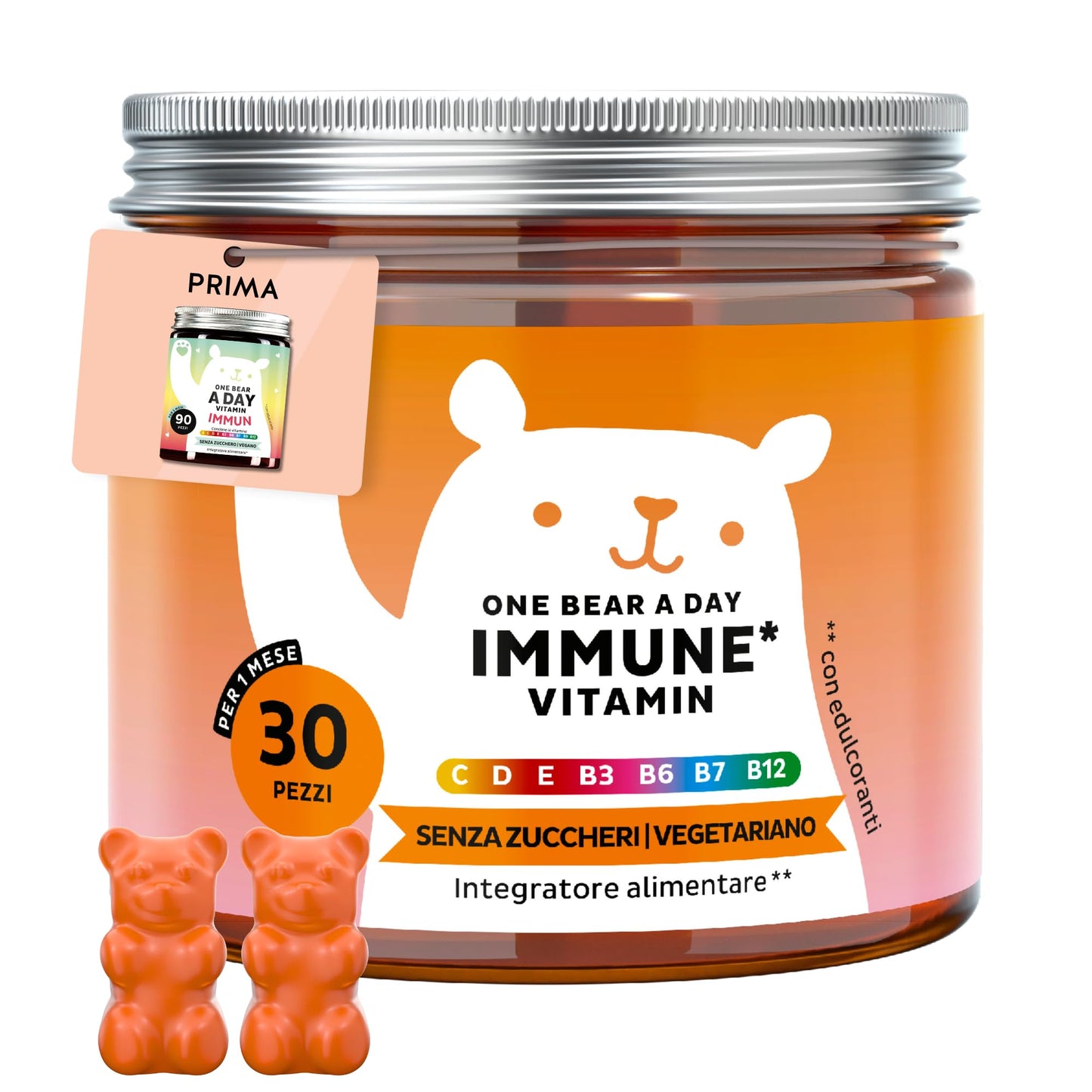 One Bear A Day Vitamin Immun - With Vitamin D, E, C, Vitamin B6, B12, Niacin, Biotin, Propolis Extract - 30 Pieces (1 Month) - Vegetarian, Sugar Free - Bears with Benefits