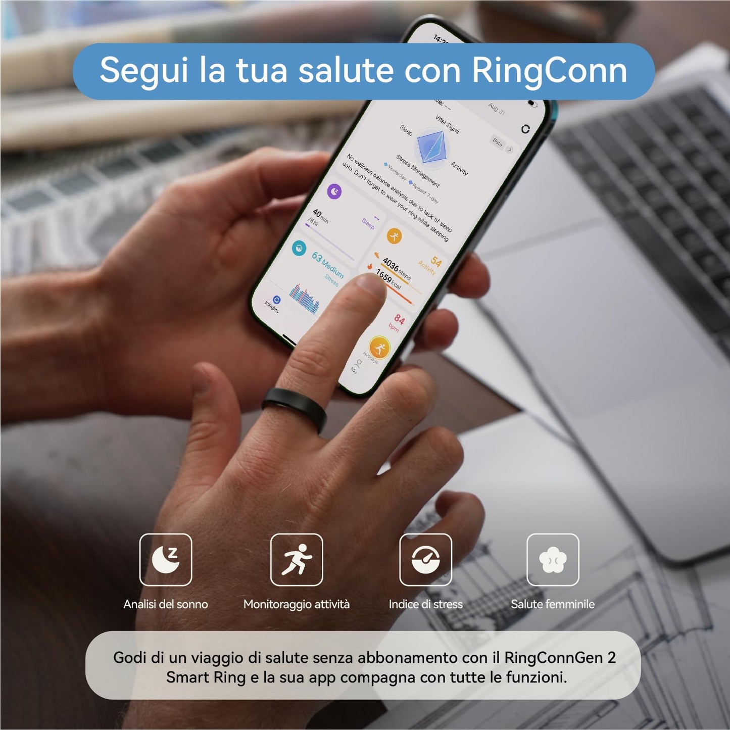RingConn Gen 2 Smart Ring, Primo Al Mondo con Monitoraggio OSA, Nessun Abbonamento All'App, 12 Giorni di Batteria, Tracker di Stress/Frequenza Cardiaca/Salute Femminile, Compatibile Con Android e iOS