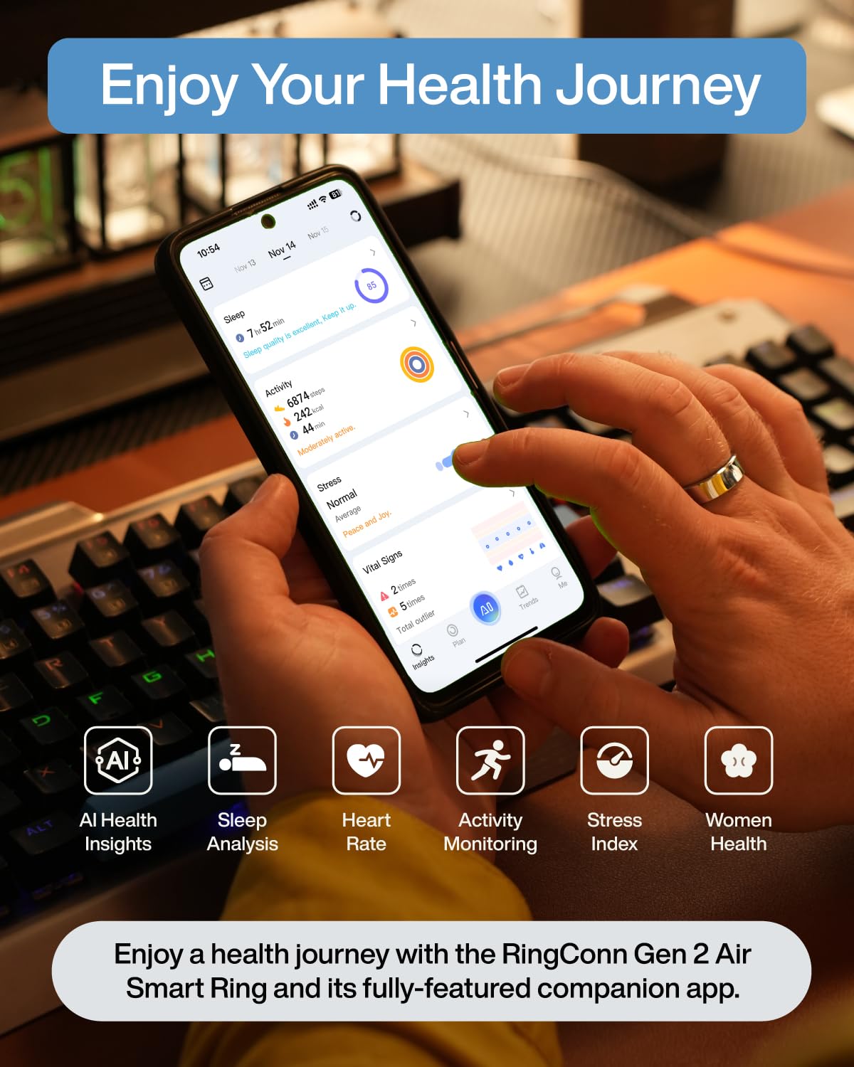 RingConn Gen 2 Air Smart Ring, Anello Intelligente AI Ultra Sottile, 10 Giorni di Batteria, Tracker Fitness/Stress/Frequenza Cardiaca per Donne e Uomini, iOS/Android Compatibile (Dune Oro, 10)
