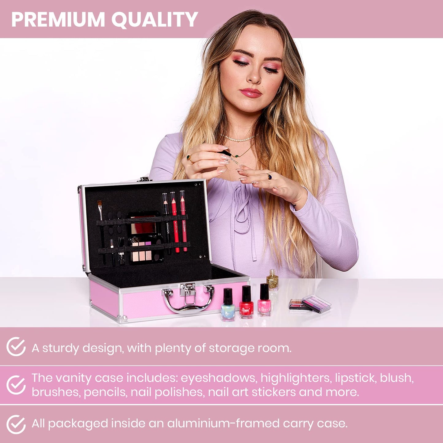 LOVE URBAN BEAUTY Vegano Beauty Case Rosa Caldo - Kit Trucco 82 pezzi per Ragazze e Donne con Ombretti, Fard, Rossetti e Prodotti per le Unghie - Divertente Valigetta da Trucco da Viaggio
