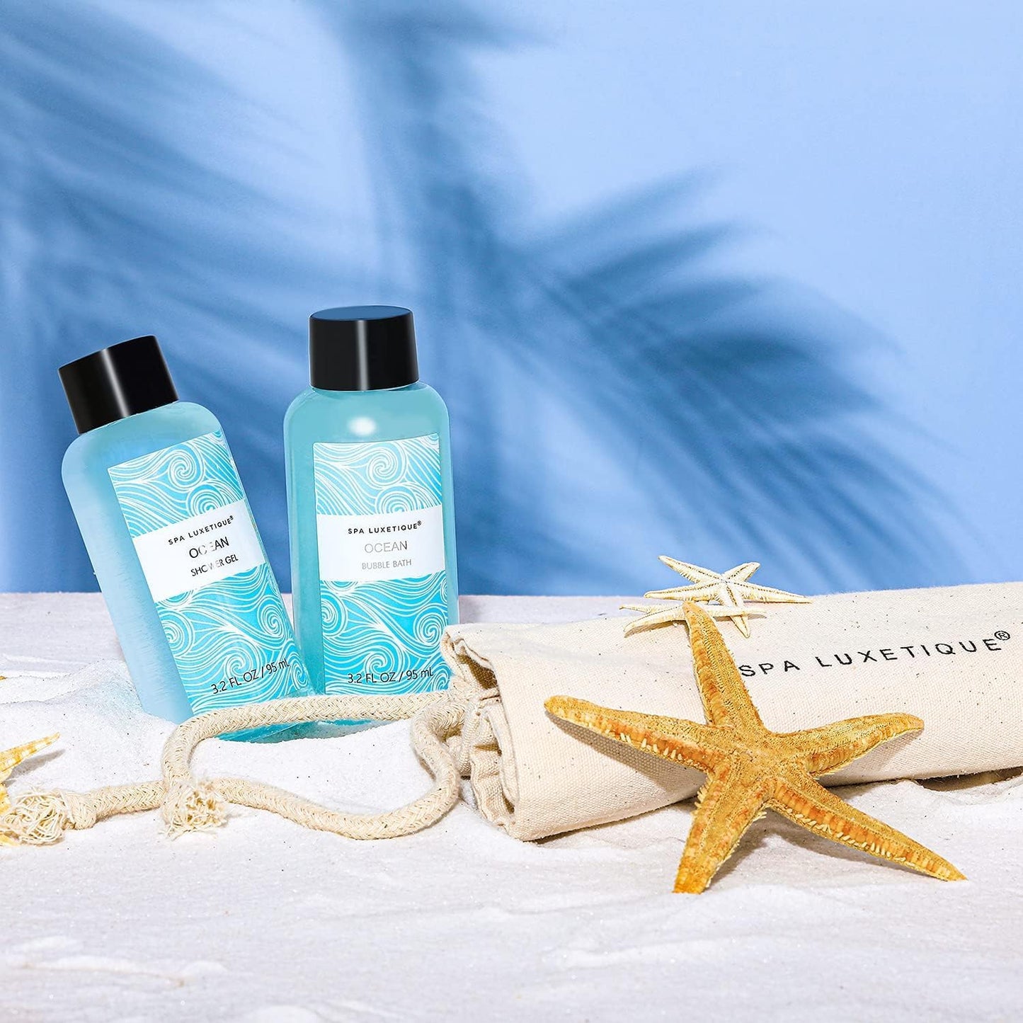 SPA LUXETIQUE Set da Bagno Regalo Donne – Set per la Cura Della Vaniglia con 6 Pezzi in Gel Doccia di Dimensioni da Viaggio, Crema per le Mani, Borsa di Lino con Coulisse, Regalo Festa della Mamma