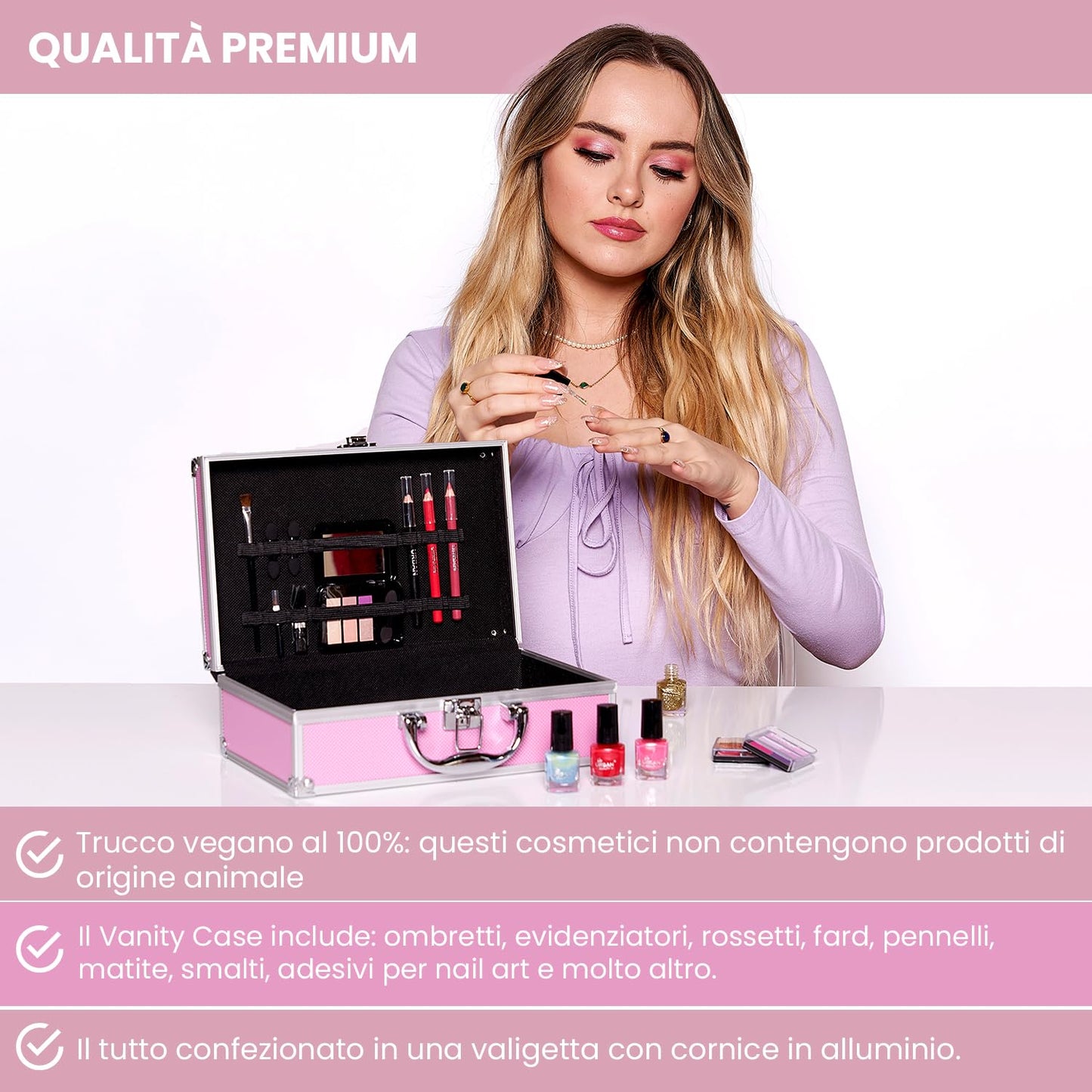 LOVE URBAN BEAUTY Vegano Beauty Case Rosa Caldo - Kit Trucco 82 pezzi per Ragazze e Donne con Ombretti, Fard, Rossetti e Prodotti per le Unghie - Divertente Valigetta da Trucco da Viaggio