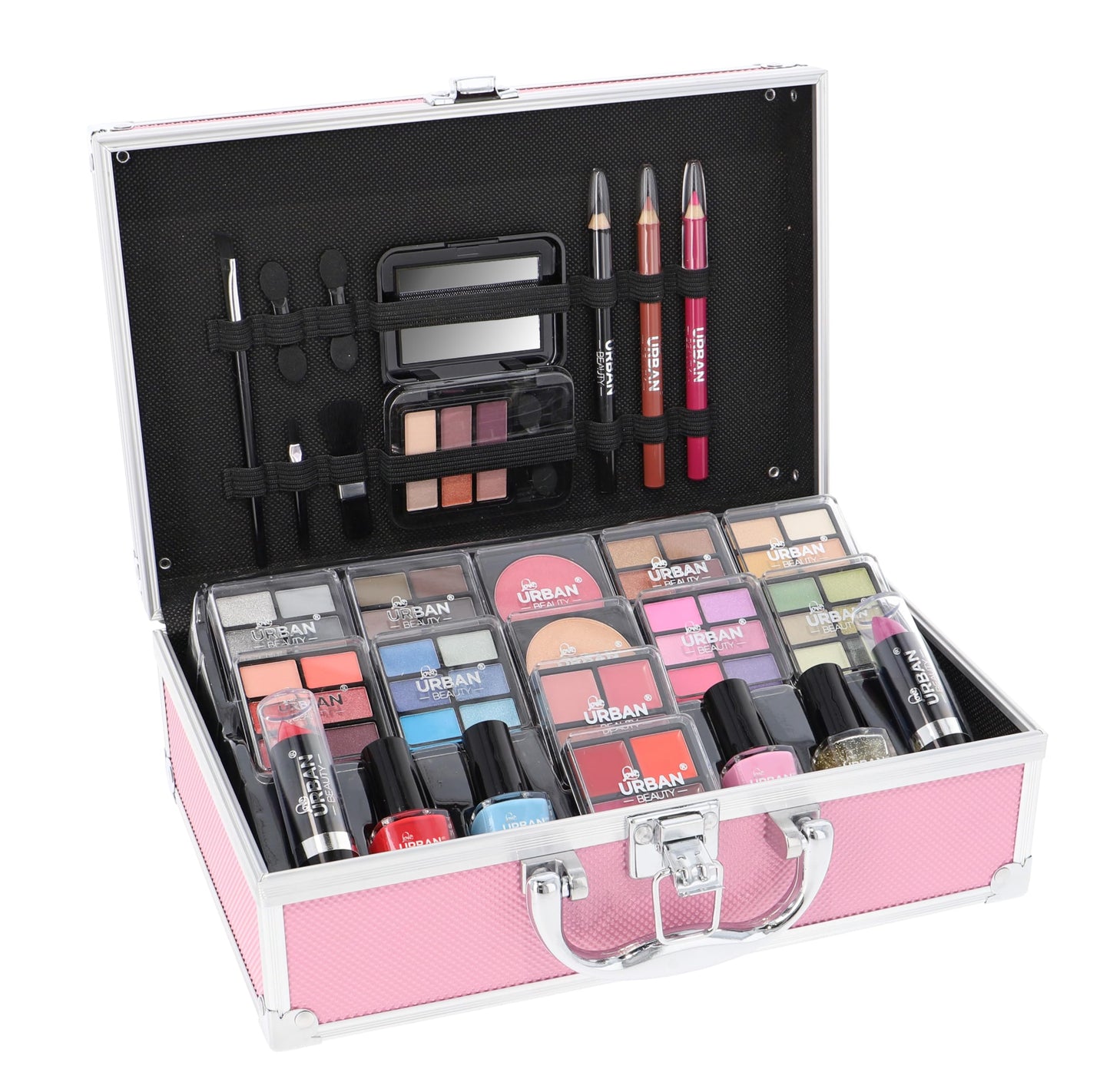 LOVE URBAN BEAUTY Vegano Beauty Case Rosa Caldo - Kit Trucco 82 pezzi per Ragazze e Donne con Ombretti, Fard, Rossetti e Prodotti per le Unghie - Divertente Valigetta da Trucco da Viaggio