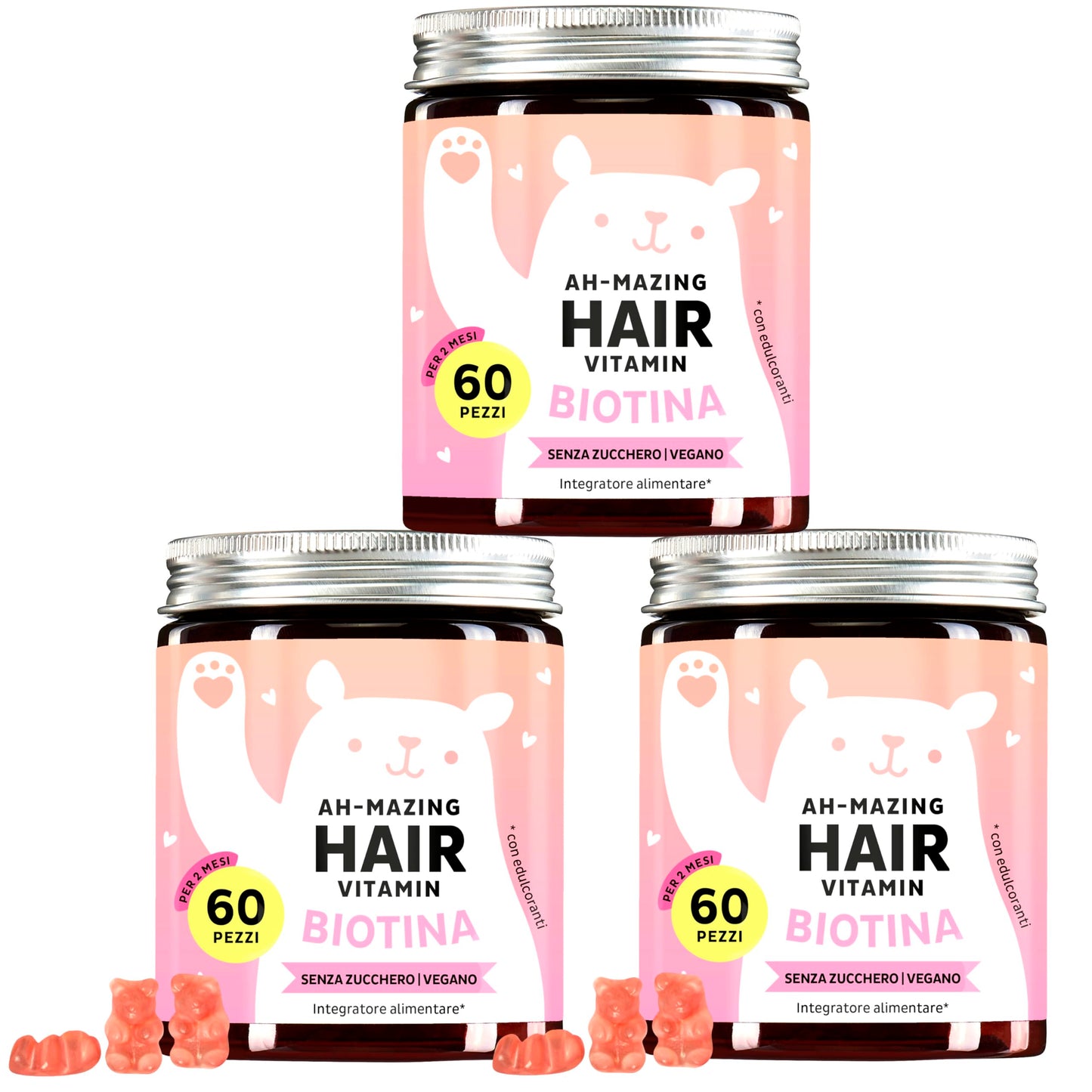 Caramelle Gommose Biotina Ah-mazing Hair – Vitamine per Capelli, Pelle e Unghie – 5000 µg di Biotina (B7), Zinco, Vitamine B6, B9, C, E – 60 Pezzi (2 Mesi), Vegane, Senza Zucchero, Bears with Benefits