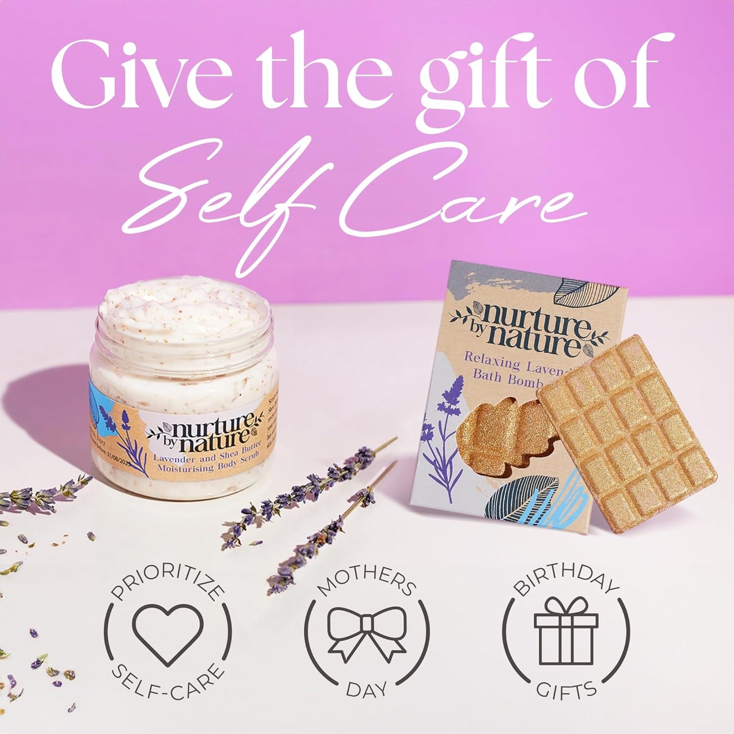 RELAXANT & CALME | Pamper de Nurture By Nature Spa Gift Box | Pillow Mist, Bath Salts, Lavender, Soap, Bath Bomb, Candle, Body Scrub, Valentine's Day Gift for Her