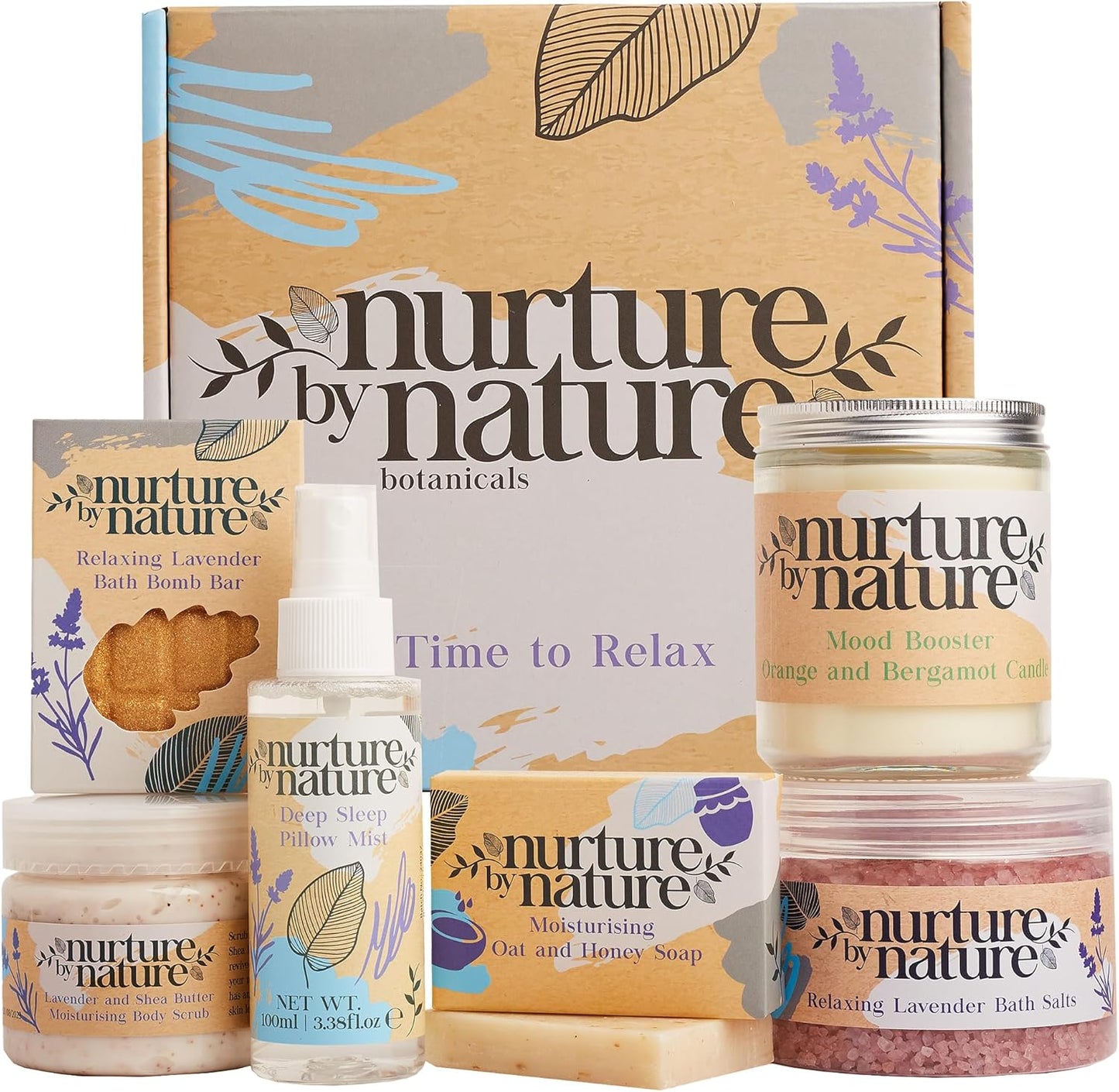 RELAXANT & CALME | Pamper de Nurture By Nature Spa Gift Box | Pillow Mist, Bath Salts, Lavender, Soap, Bath Bomb, Candle, Body Scrub, Valentine's Day Gift for Her