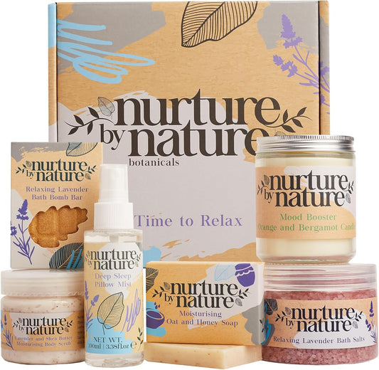 RELAXANT & CALME | Pamper de Nurture By Nature Spa Gift Box | Pillow Mist, Bath Salts, Lavender, Soap, Bath Bomb, Candle, Body Scrub, Valentine's Day Gift for Her