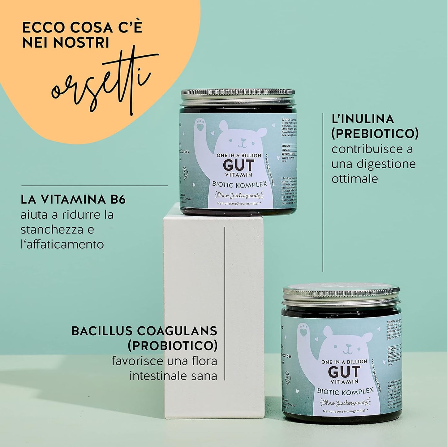 Caramelle Gommose Probiotici - Fermenti Lattici 2 Miliardi di UFC - Vegane e Senza Lattosio - Gonfiore Addominale - Con Prebiotici e Vitamina b6-1 Mese - Aroma di Arancia - Bears with Benefits