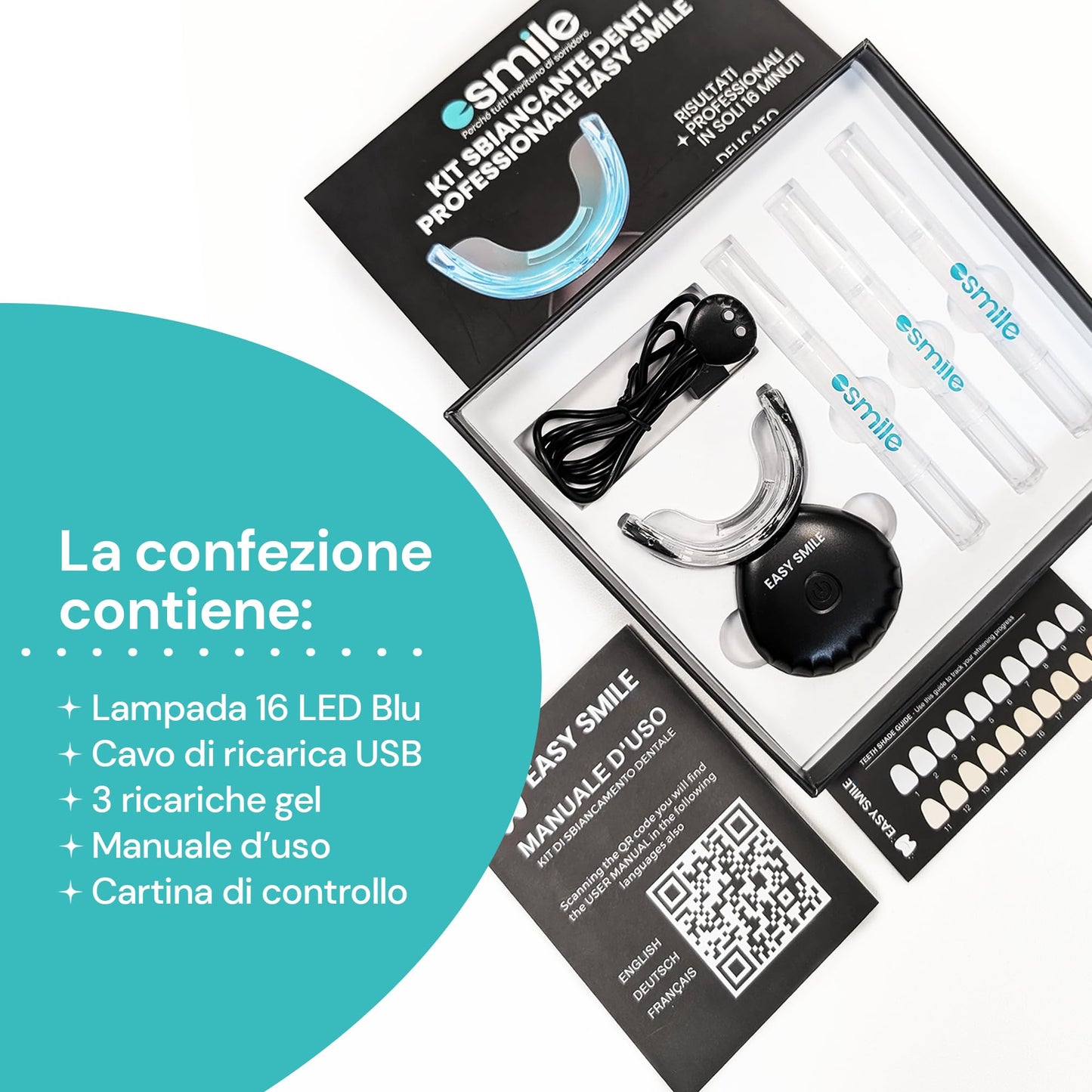 ESMILE - Kit Sbiancante Denti Professionale con Lampada LED - Elimina le Macchie in 16 Minuti - Sicuro per lo Smalto Dentale