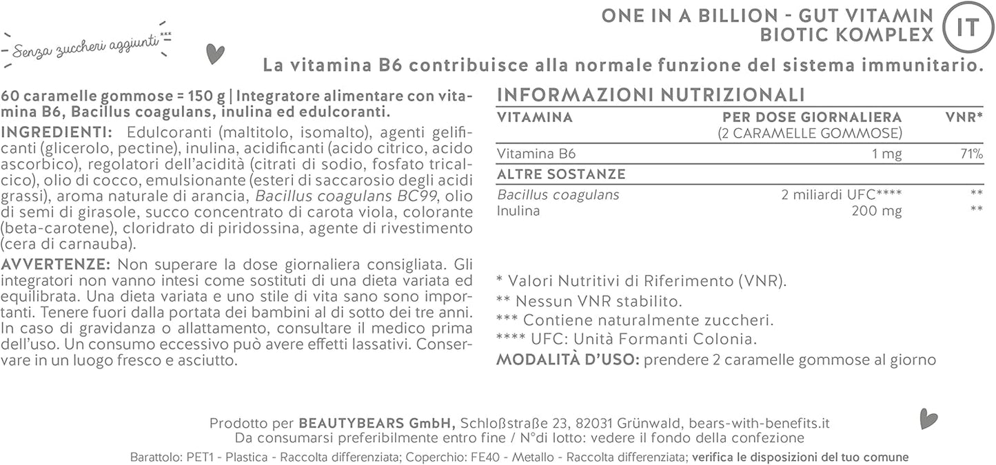 Caramelle Gommose Probiotici - Fermenti Lattici 2 Miliardi di UFC - Vegane e Senza Lattosio - Gonfiore Addominale - Con Prebiotici e Vitamina b6-1 Mese - Aroma di Arancia - Bears with Benefits
