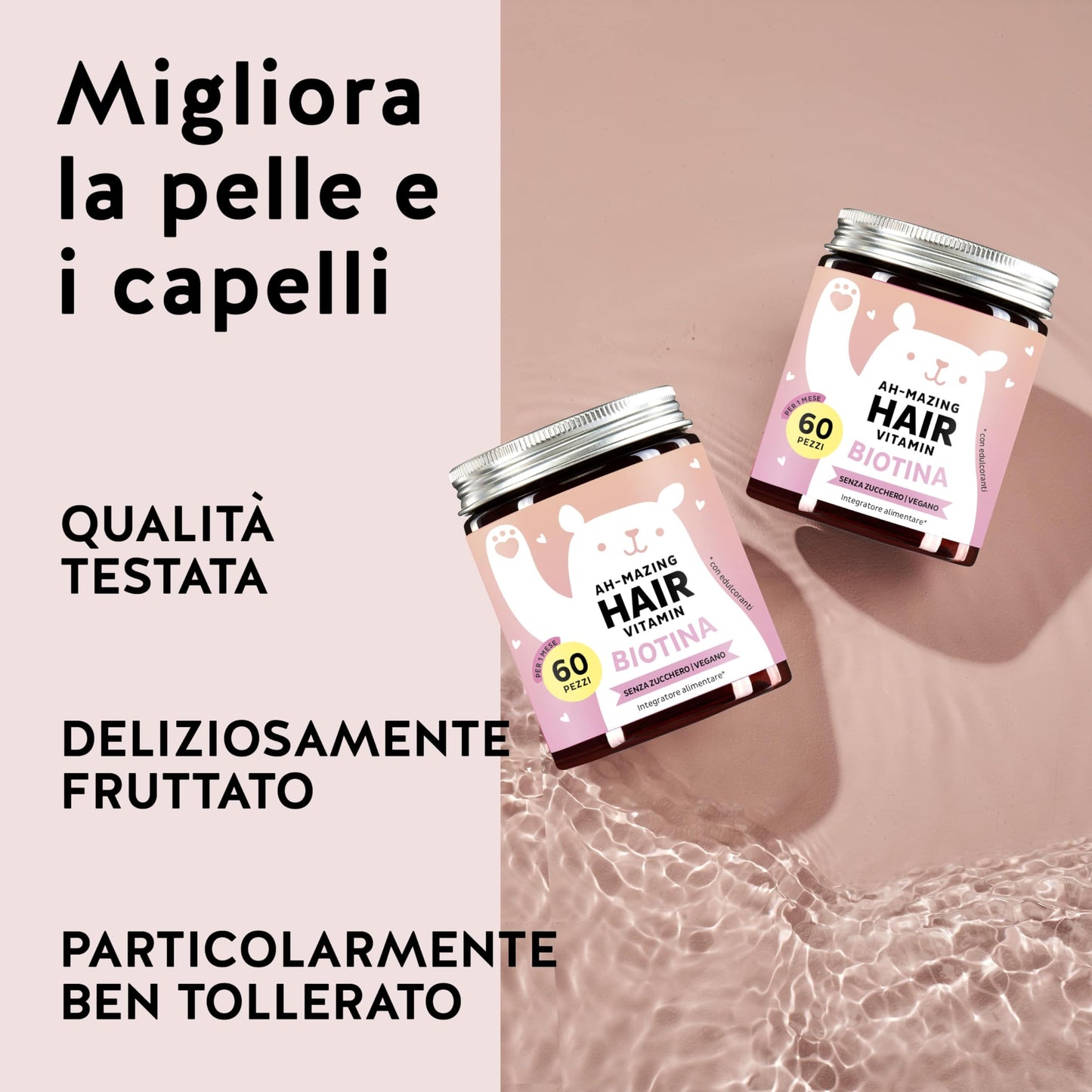 Caramelle Gommose Biotina Ah-mazing Hair – Vitamine per Capelli, Pelle e Unghie – 5000 µg di Biotina (B7), Zinco, Vitamine B6, B9, C, E – 60 Pezzi (2 Mesi), Vegane, Senza Zucchero, Bears with Benefits