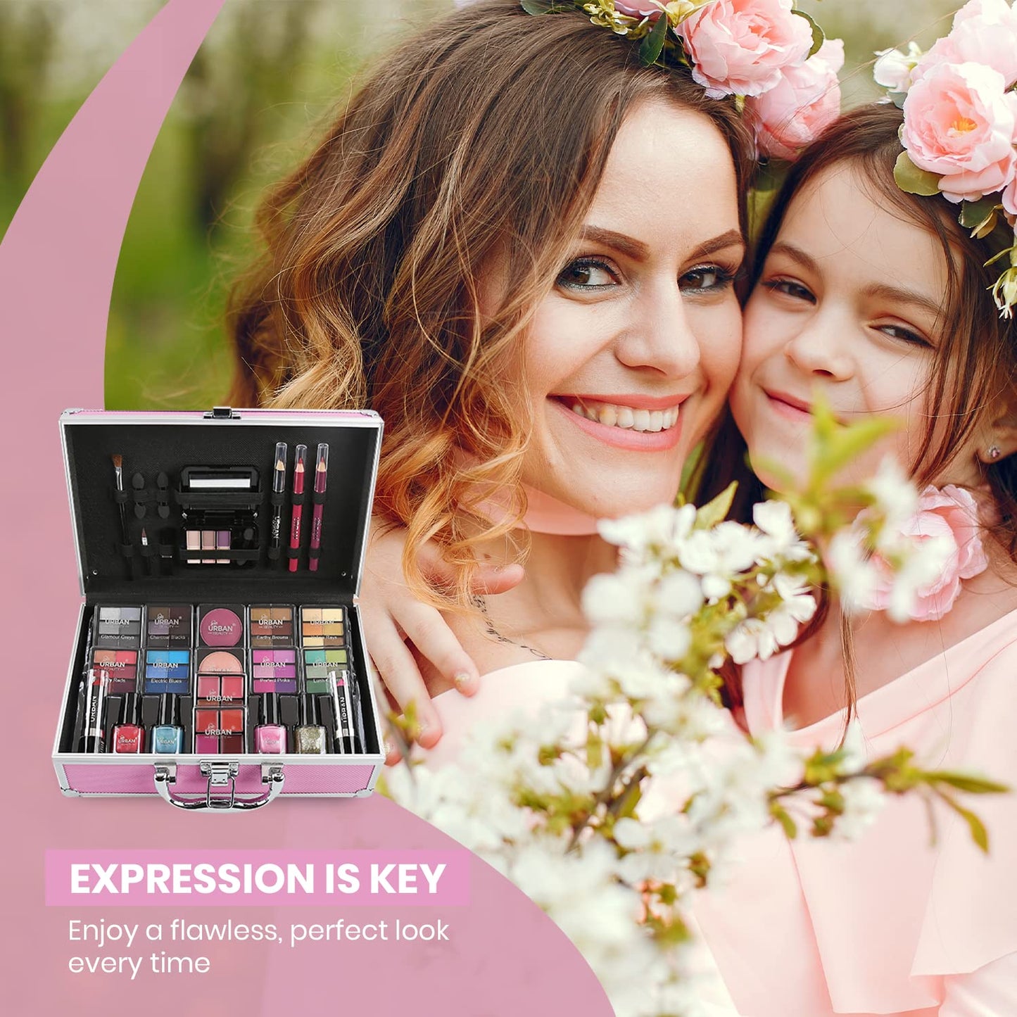 LOVE URBAN BEAUTY Vegano Beauty Case Rosa Caldo - Kit Trucco 82 pezzi per Ragazze e Donne con Ombretti, Fard, Rossetti e Prodotti per le Unghie - Divertente Valigetta da Trucco da Viaggio