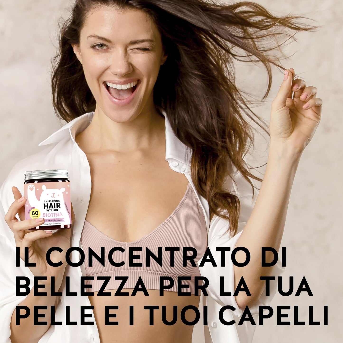 Caramelle Gommose Biotina Ah-mazing Hair – Vitamine per Capelli, Pelle e Unghie – 5000 µg di Biotina (B7), Zinco, Vitamine B6, B9, C, E – 60 Pezzi (2 Mesi), Vegane, Senza Zucchero, Bears with Benefits