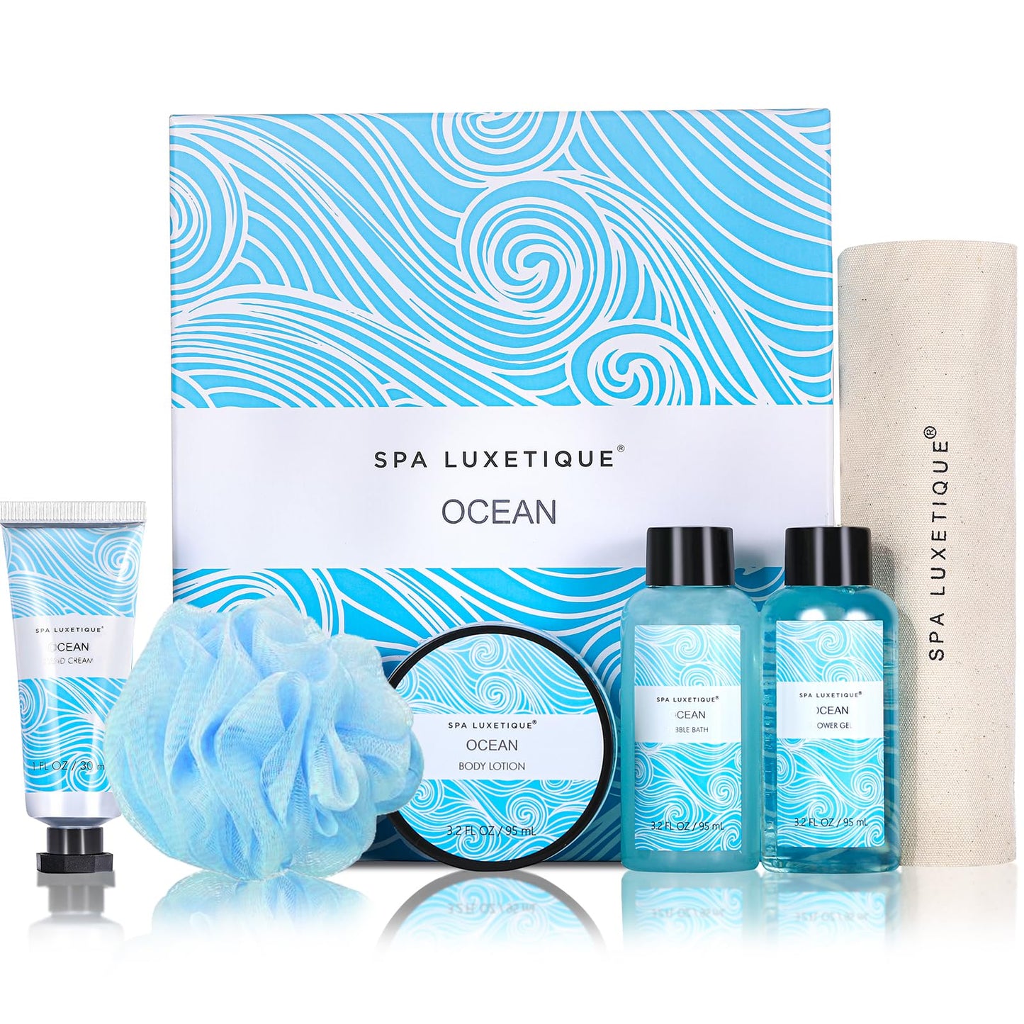 SPA LUXETIQUE Set da Bagno Regalo Donne – Set per la Cura Della Vaniglia con 6 Pezzi in Gel Doccia di Dimensioni da Viaggio, Crema per le Mani, Borsa di Lino con Coulisse, Regalo Festa della Mamma