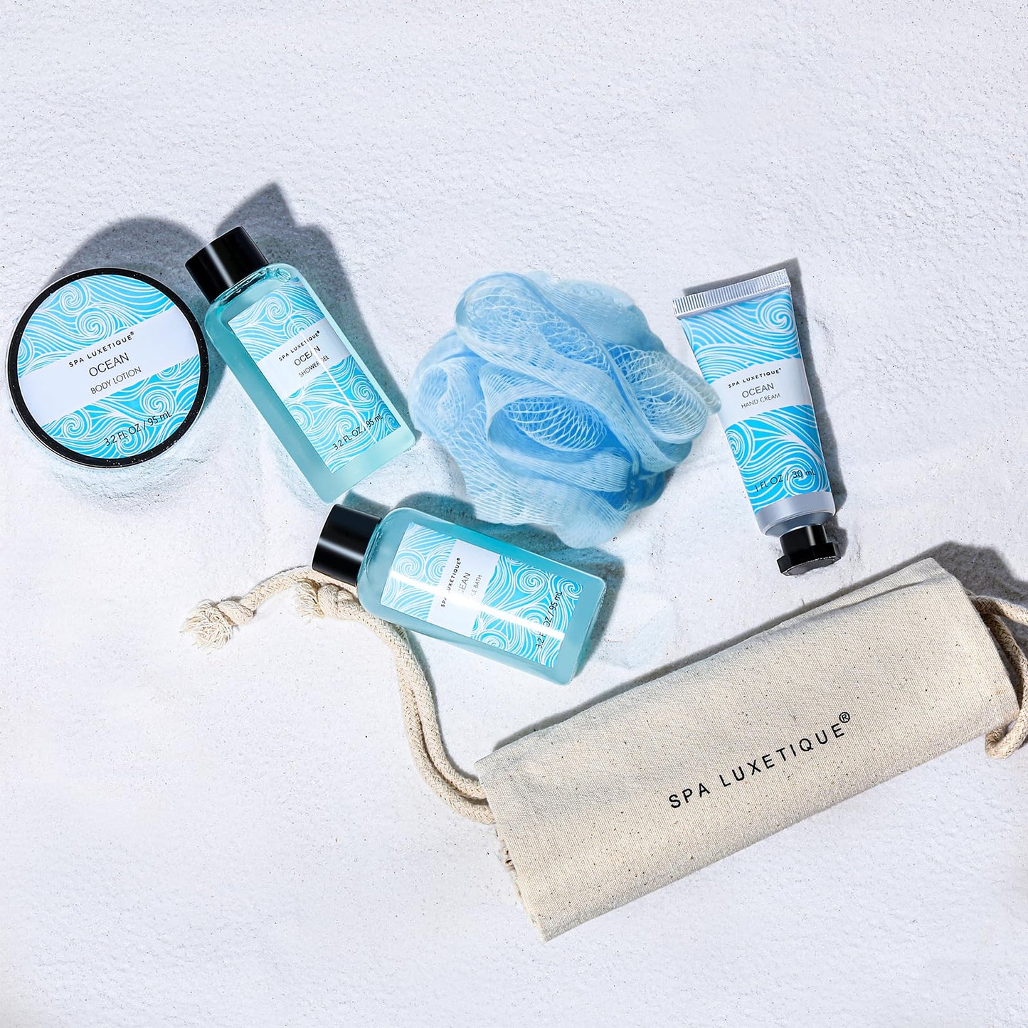 SPA LUXETIQUE Set da Bagno Regalo Donne – Set per la Cura Della Vaniglia con 6 Pezzi in Gel Doccia di Dimensioni da Viaggio, Crema per le Mani, Borsa di Lino con Coulisse, Regalo Festa della Mamma