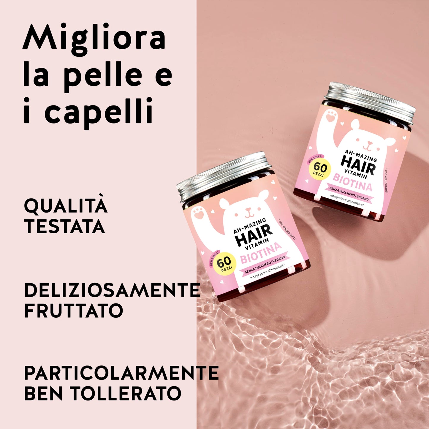 Caramelle Gommose Biotina Ah-mazing Hair – Vitamine per Capelli, Pelle e Unghie – 5000 µg di Biotina (B7), Zinco, Vitamine B6, B9, C, E – 60 Pezzi (2 Mesi), Vegane, Senza Zucchero, Bears with Benefits