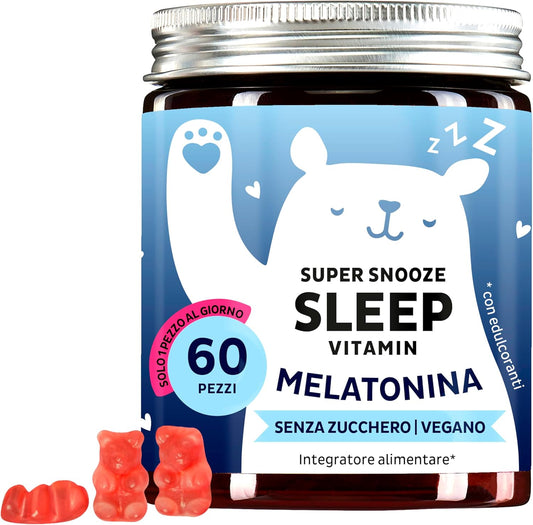 Super Snooze Sleep Vitamin - Sonno naturale - Melatonina 1mg con Vitamina B6-60 Pezzi (2 Mesi) - Senza Zucchero, Vegano - Bears with Benefits