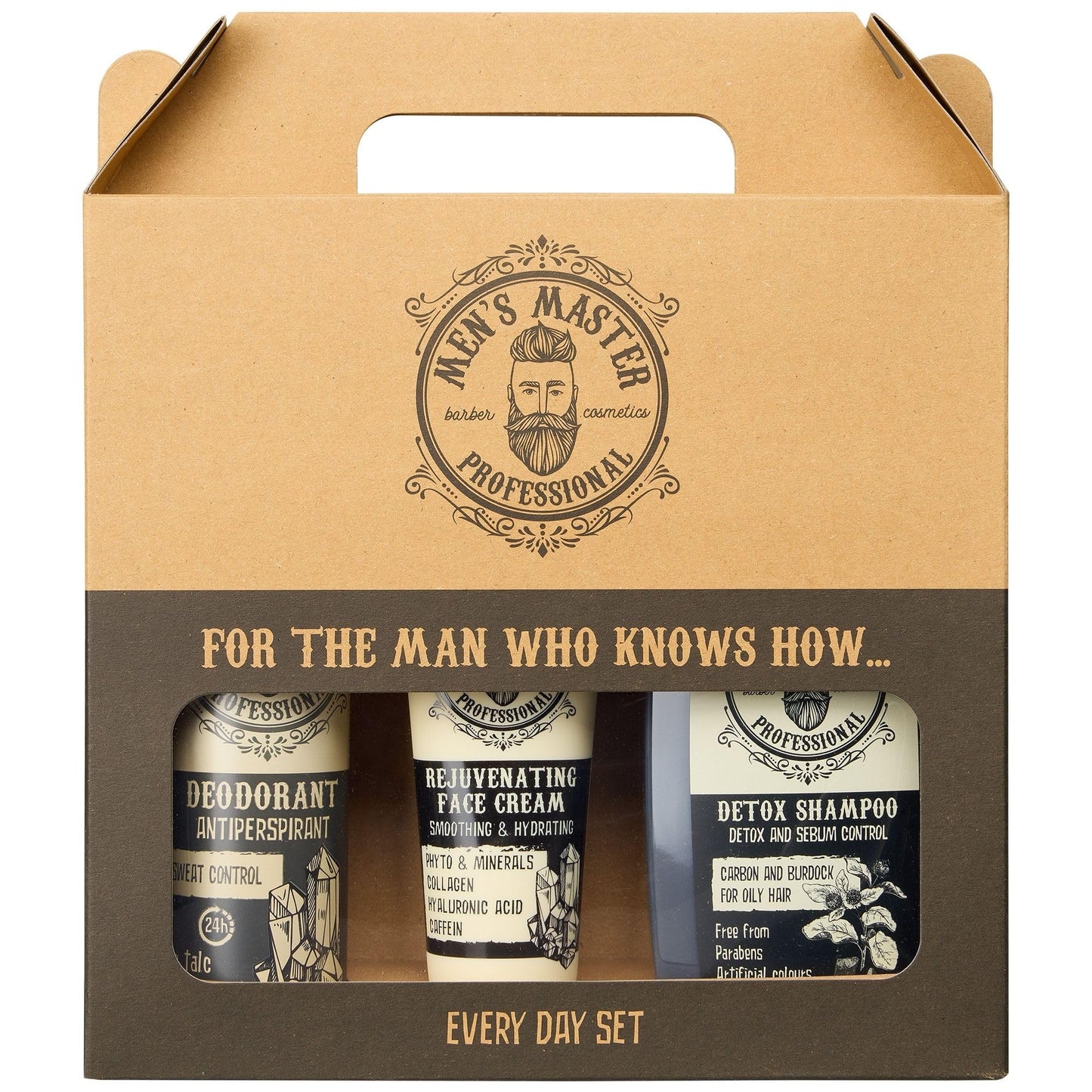 Men's Master Set Regalo Uomo 3 Unità | Every Day Set | Deodorante Antitraspirante | Crema Rigenerante Viso Antirughe | Shampoo Detox per Capelli Grassi, Antiforfora | Kit Barba Uomo | Senza Parabeni
