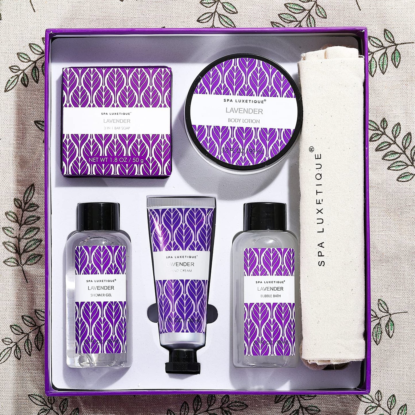SPA LUXETIQUE Set da Bagno Regalo Donne – Set per la Cura Della Vaniglia con 6 Pezzi in Gel Doccia di Dimensioni da Viaggio, Crema per le Mani, Borsa di Lino con Coulisse, Regalo Festa della Mamma